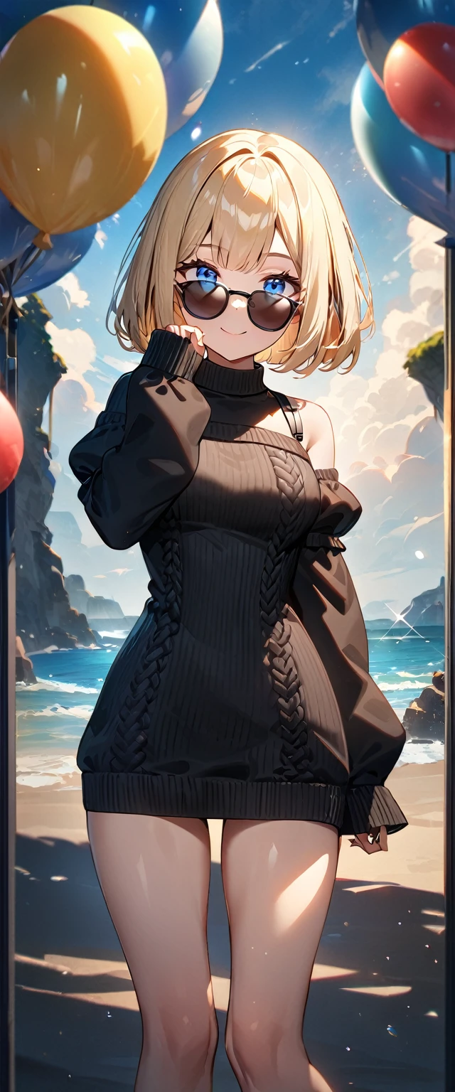 (((One girl))), ((beach)), noon, blond hair, ((sunglasses;1.5)), hand to sunglasses, ((bob cut:1.3)), breasts, from front, (cowboy shot), standard body, (looking at viewer), (((Balloon sleeve, sleeves past wrists:1.3))), ((black sweater)), ((off-shoulder knit sweater dress:1.3, Quite thick shoulder straps)), teenager, head tilt:1.3, (((blue eye))), ((happy smile)), anime style, (best quality, 4k, 8k, highres, masterpiece:1.2, ultra-detailed, ultra-detailed eyes, HDR, UHD, studio lighting, ultra-fine painting, sharp focus, physically-based rendering, extreme detail description, professional, vivid colors, bokeh), ((Highest quality, Best image quality, Ultra-high resolution, Ultra-high resolution, solo, Strong eye highlights)), Depth of written boundary, Natural soft light, attractive, Beautiful Face, Cleanliness, Pure Face, nedium chest, Beautiful Face, Perfect Fingers, Perfect hands, Perfect body, Perfect Face, Shine a light into your eyes, Perfect Anatomy