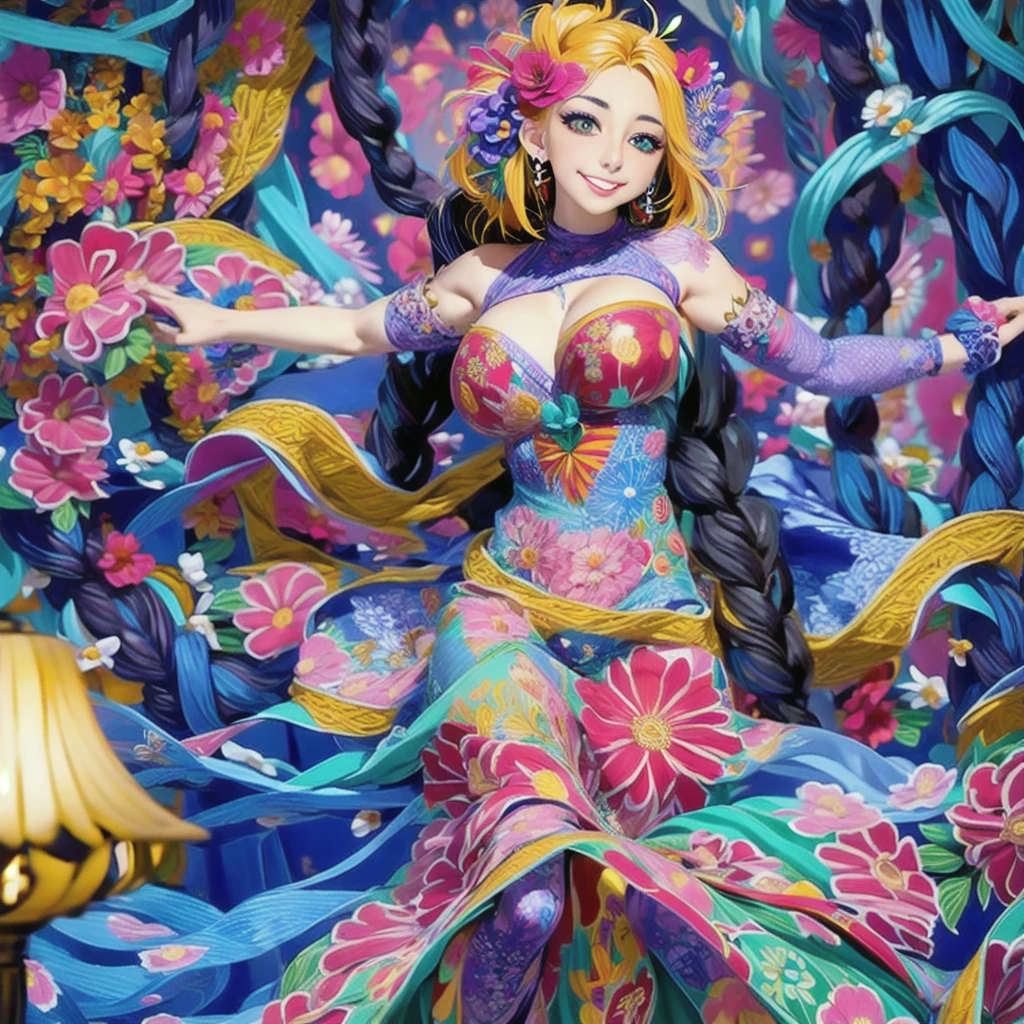 official art, unity 8k wallpaper, ultra detailed, beautiful and aesthetic, beautiful, masterpiece, best quality, (zentangle, mandala, tangle, entangle), (ecstasy of flower:1.2), dynamic angle, cowboyshot, the most beautiful form of chaos, elegant, a brutalist designed, vivid colours, romanticism, atmospheric, warm smile, bright eyes detailed eyes