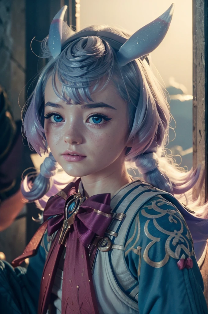 A  girl in realistic painting portrait of high quality and detail, Sigewinne (Genshin Impact), although she has a uniquely human-like complexion and set of hands. Her pink eye color, tall blue ears with frosted tips and curled tail are much more reminiscent of a typical Melusine seen around Fontaine. Her hair color is pastel blue fading to a purple with white highlights. movie style, full-length, dark and mysterious atmosphere, glow, eye shadow, 1girl, thriller fantasy, Depth & Perspective, dramatic angry expression on her face, an intimidating look. she's holding a bow, Mystical powers, fine face, She stands on the battlefield, outdoors, rain on the sky, thunderclaps in the sky in the background, dark cloud, looking at viewer, (ultra-high detail:1.2), Masterpiece, Best Quality, Ultra-detailed, Cinematic lighting, 8K, delicate features, cinematic, 35 mm lens, f/1.9, highlight lighting, global lighting –uplight –v 4, Cinematic lighting, 8K, high quality, Highest Quality, (Solo Focus), (extremly intricate:1.3), (Realistic), dramatic, masterful, Analog style, (Film grain:1.5), (warm hue, cold tone), destruction behind back