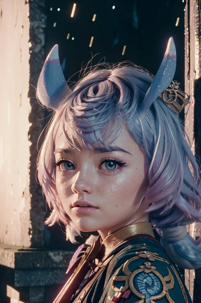 A young small girl in realistic painting portrait of high quality and detail, Sigewinne (Genshin Impact), although she has a uniquely human-like complexion and set of hands. Her pink eye color, tall blue ears with frosted tips and curled tail are much more reminiscent of a typical Melusine seen around Fontaine. Her hair color is pastel blue fading to a purple with white highlights. movie style, full-length, dark and mysterious atmosphere, glow, eye shadow, 1girl, thriller fantasy, Depth & Perspective, dramatic angry expression on her face, an intimidating look. she's holding a bow, Mystical powers, fine face, She stands on the battlefield, outdoors, rain on the sky, thunderclaps in the sky in the background, dark cloud, looking at viewer, (ultra-high detail:1.2), Masterpiece, Best Quality, Ultra-detailed, Cinematic lighting, 8K, delicate features, cinematic, 35 mm lens, f/1.9, highlight lighting, global lighting –uplight –v 4, Cinematic lighting, 8K, high quality, Highest Quality, (Solo Focus), (extremly intricate:1.3), (Realistic), dramatic, masterful, Analog style, (Film grain:1.5), (warm hue, cold tone), destruction behind back