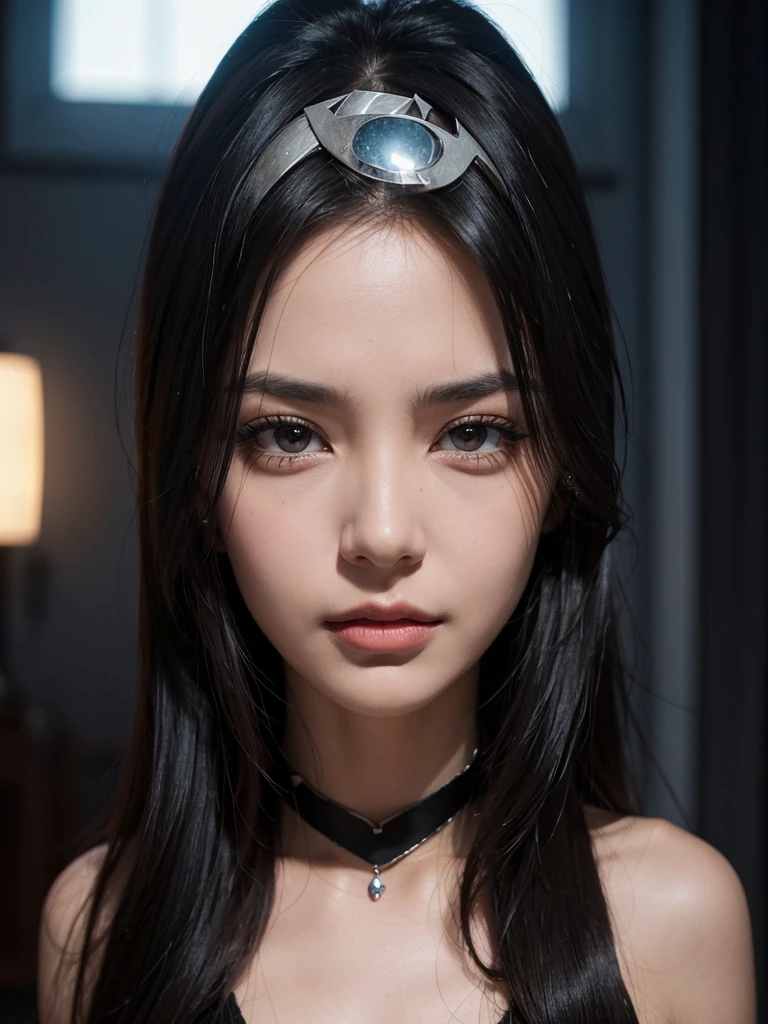 A very beautiful woman with dark eyes, an evil-looking face and a mischievous expression,