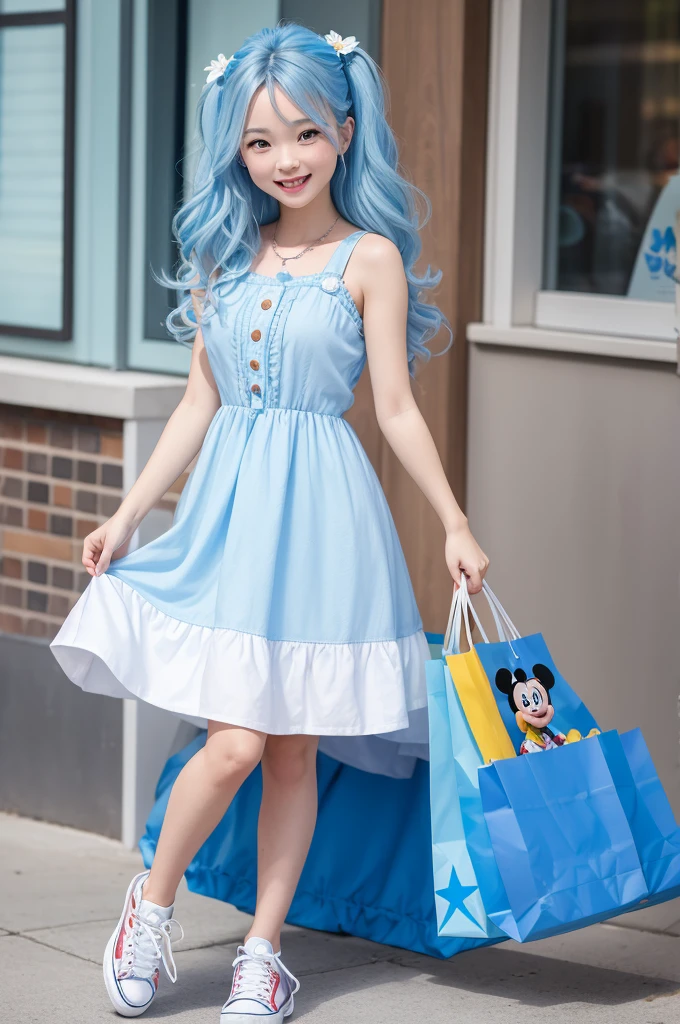 Funnily character, Disney Pixar style 3d pretty little white wavy hair, with the color of the light blue dress with blue skin-colored daisies and white high-top ALL star style sneakers, a smile on her face, and several shopping bags in hands 8k quality