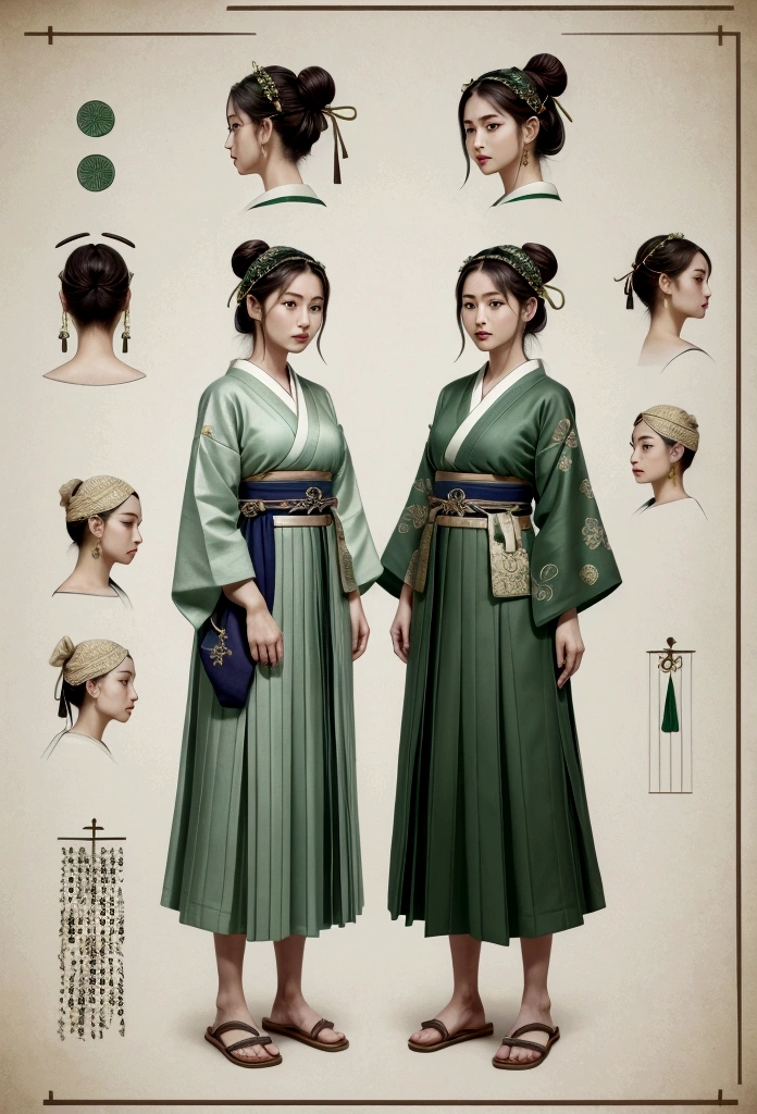 Create a practical yet refined outfit for commoners in a society inspired by ancient Japan with Greek clothing influences. The clothing should be made from durable, comfortable materials and feature simple yet elegant designs. Utilize shades of green and incorporate triangular motifs in the patterns and embroidery. The outfit should blend the functionality of Japanese workwear with the flowing lines of Greek attire. Accessories should be minimal but functional, such as sashes, simple jewelry, and headbands. The overall look should reflect the commoners' respect for strength and honor, while being suitable for daily activities. reference sheet, character chart, three sided view, high details, high quality, highres, anatomically correct