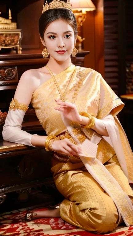 Aarav woman in a golden dress stands in front of a building., Sukhothai dress, Dilraba Dilmurat, traditional beauty, Wear elegant clothes, traditional this tradition, Wear luxurious clothes, this tradition, Traditional clothing, Thai girl anime, traditional outfit, According to Thawan Duchanee&#39;s style, Wear a luxurious silk dress, Thai art, Traditional clothing สาวเอเชียที่สวยงาม,stereoscopic 8k,45 high quality colored lights,000,000,000 pixels, photo, post-trade photo, animation, Beautiful, realistic portraits.