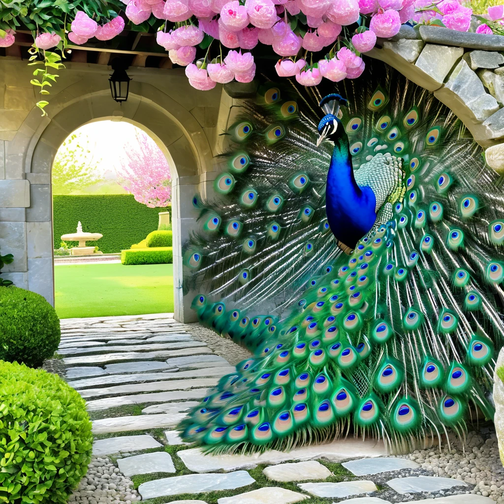 A vibrant and detailed depiction of a peacock with its feathers fully fanned out in an enchanted garden. The peacock's feathers showcase brilliant shades of blue and green with eye-catching patterns. The garden is lush with an array of colorful flowers, including pink, purple, and blue blooms, and well-manicured bushes. Towering, blossoming cherry trees with pink flowers arch over the scene, and the sunlight filters through the foliage, creating a magical, glowing ambiance. In the background, there are intricately designed stone pathways and ancient stone urns, adding a touch of historical elegance. The atmosphere is dreamy and serene, capturing the beauty of nature in full bloom.