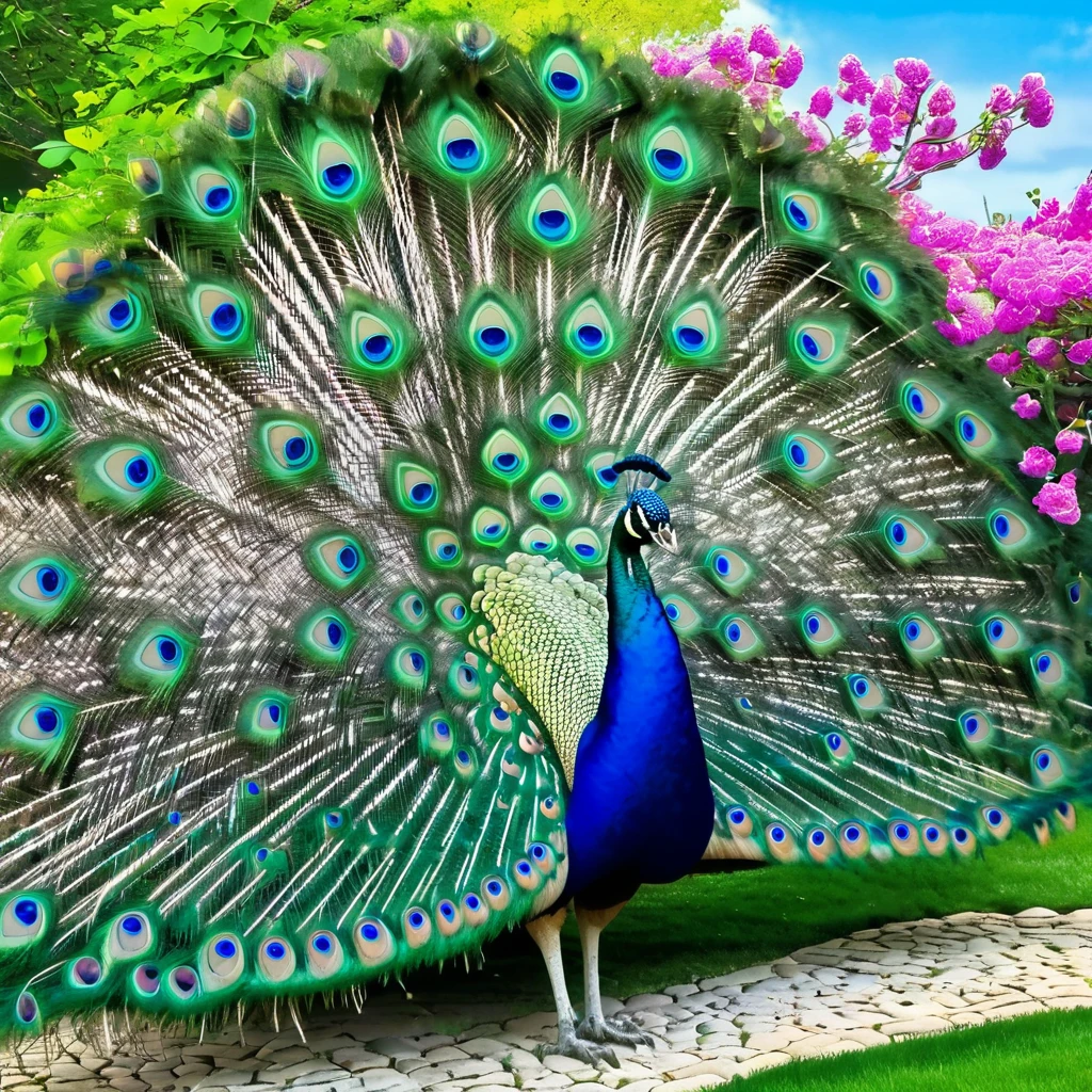 A vibrant and detailed depiction of a peacock with its feathers fully fanned out in an enchanted garden. The peacock's feathers showcase brilliant shades of blue and green with eye-catching patterns. The garden is lush with an array of colorful flowers, including pink, purple, and blue blooms, and well-manicured bushes. Towering, blossoming cherry trees with pink flowers arch over the scene, and the sunlight filters through the foliage, creating a magical, glowing ambiance. In the background, there are intricately designed stone pathways and ancient stone urns, adding a touch of historical elegance. The atmosphere is dreamy and serene, capturing the beauty of nature in full bloom.