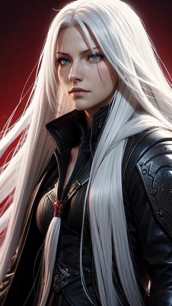 A close-up of a woman with long white hair and red background,shadowbringers cinematic,Sephiroth,son of sparda,Sephiros in Final Fantasy,Alukad,Tifa Lockhart with white hair,aion,From Bloodline 2,John Libert's remix with Alukard,thancred waters,sakimi,final fantasy character。