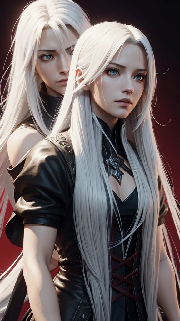 A close-up of a woman with long white hair and red background,shadowbringers cinematic,Sephiroth,son of sparda,Sephiros in Final Fantasy,Alukad,Tifa Lockhart with white hair,aion,From Bloodline 2,John Libert's remix with Alukard,thancred waters,sakimi,final fantasy character。