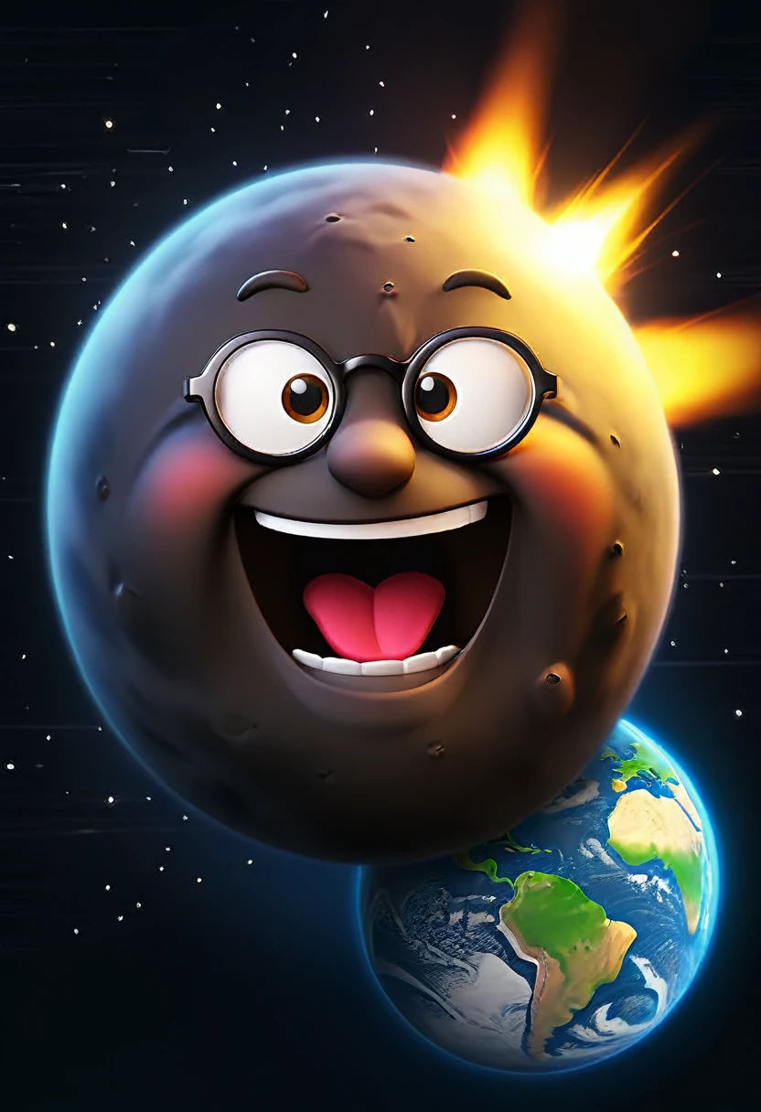 smiley emoji wearing glasses, asteroid hitting erupting earth, on dark background
