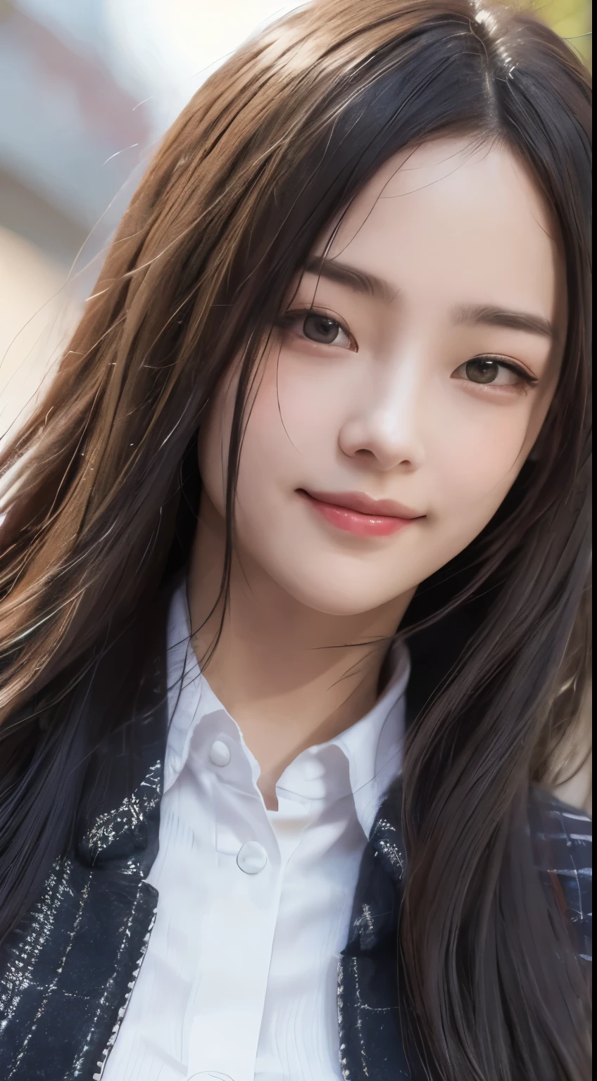 realistic, table top, best quality, raw photo, 1 girl, alone, long hair, brown hair, detailed face, an alluring face, sad smile、From the thighs、collar shirt, medium chest, dynamic pose, looking at viewer, from below, detailed background, subtle, intricate details, ray tracing, depth of field, low key, nffsw