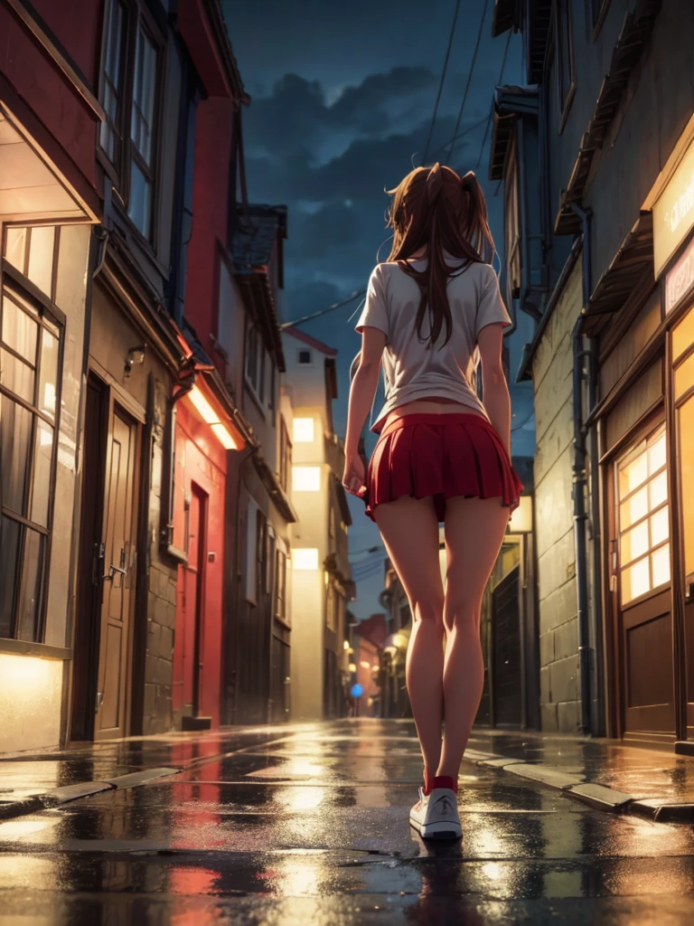 Girl, slim tight t-shirt, short Skirt, navel shown, street background, openlegs, in Sneakers, night, Narrow alley between houses, night, rain, You can see the ass 