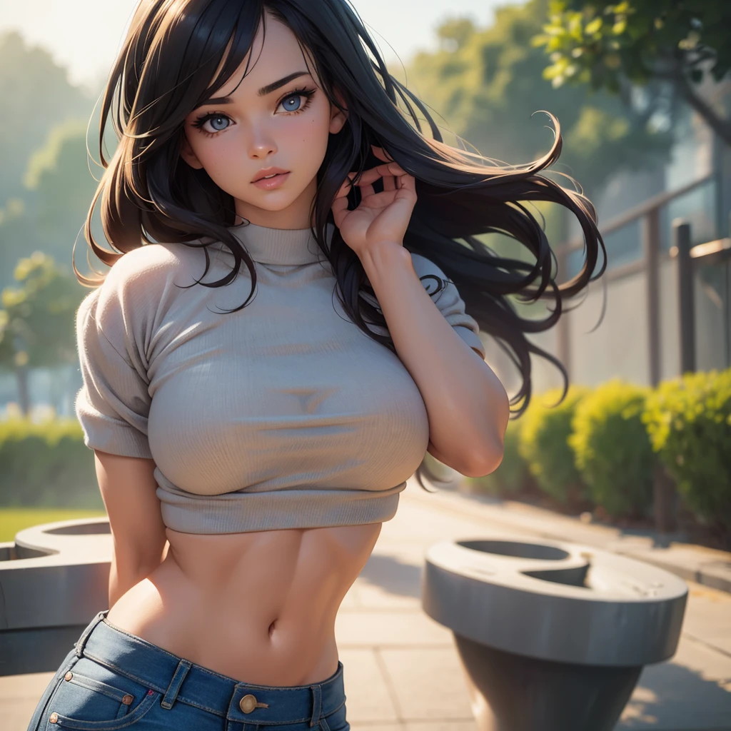 a beautiful 18 year old girl,detailed face, detailed eyes, detailed lips, long eyelashes, crop top, denim shorts, (best quality,4k,8k,highres,masterpiece:1.2),ultra-detailed,(realistic,photorealistic,photo-realistic:1.37),highly detailed skin, detailed clothing, beautiful lighting, cinematic composition, dynamic pose, vibrant colors, soft focus, warm tones