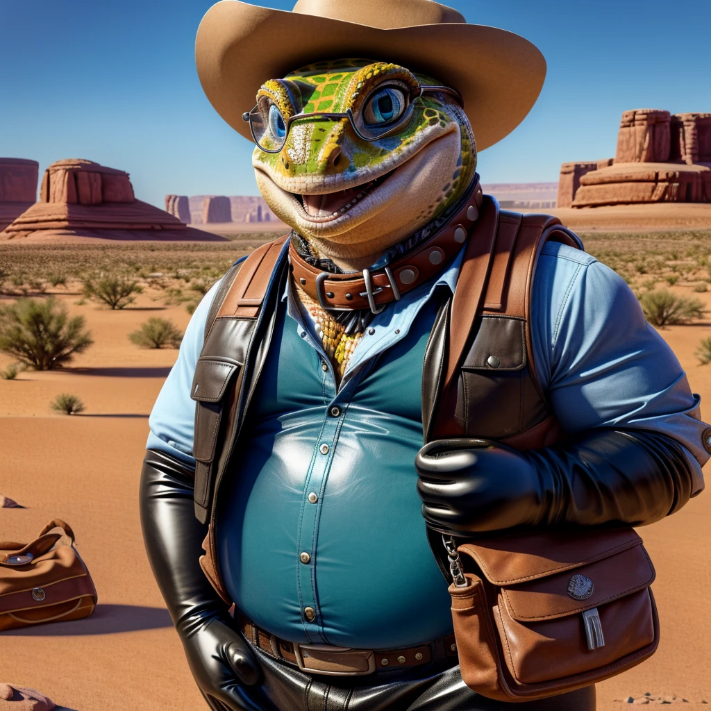 Male, fat, extremely obese, Gecko, blue eyes, (posing:1.3), (soft shading), 4k, hi res, ((detailed face, detailed)), looking at viewer, smile, open mouth, desert, cactus, shirt, hat, male focus, cowboy shot, glasses, pants, bag, vest, backpack, sleeves rolled up, round eyewear, brown headwear, brown vest, whiskers, Gecko is wearing a glossy leather dog collar around the neck, Gecko is wearing the leather collar and shirt and vest at the same time, Gecko is wearing glossy black rubber gloves on the hands, gloves are rubber in texture.