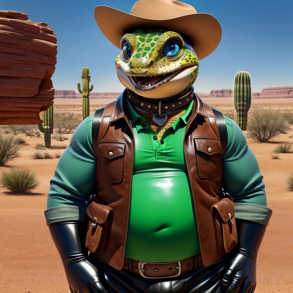 Male, fat, extremely obese, Gecko, blue eyes, (posing:1.3), (soft shading), 4k, hi res, ((detailed face, detailed)), looking at viewer, smile, open mouth, desert, cactus, shirt, hat, male focus, cowboy shot, glasses, pants, bag, vest, backpack, sleeves rolled up, round eyewear, brown headwear, brown vest, whiskers, Gecko is wearing a glossy leather dog collar around the neck, Gecko is wearing the leather collar and shirt and vest at the same time, Gecko is wearing glossy black rubber gloves on the hands, gloves are rubber in texture.