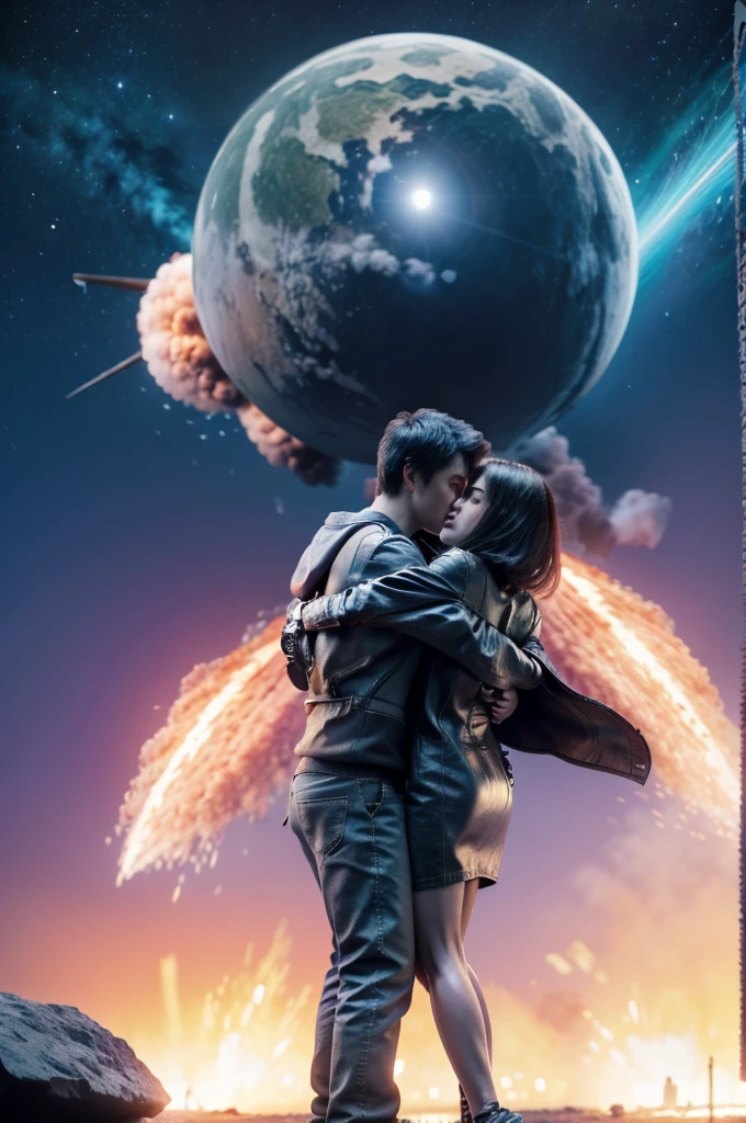 open master in 8k, action movie poster, futuristic genre, the protagonist hugs a girl, in the background a ship, explosions, A planet, in front the title of the movie