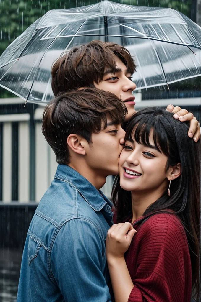 Create taehyung and jungkook kissing in the rain and next to them an excited girl watching them