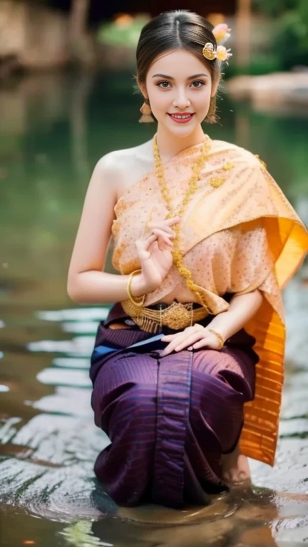 Aarav woman in a golden dress stands in front of a building., Sukhothai dress, Dilraba Dilmurat, traditional beauty, Wear elegant clothes, traditional this tradition, Wear luxurious clothes, this tradition, Traditional clothing, Thai girl anime, traditional outfit, According to Thawan Duchanee&#39;s style, Wear a luxurious silk dress, Thai art, Traditional clothing สาวเอเชียที่สวยงาม,stereoscopic 8k,45 high quality colored lights,000,000,000 pixels, photo, post-trade photo, animation, Beautiful, realistic portraits.
