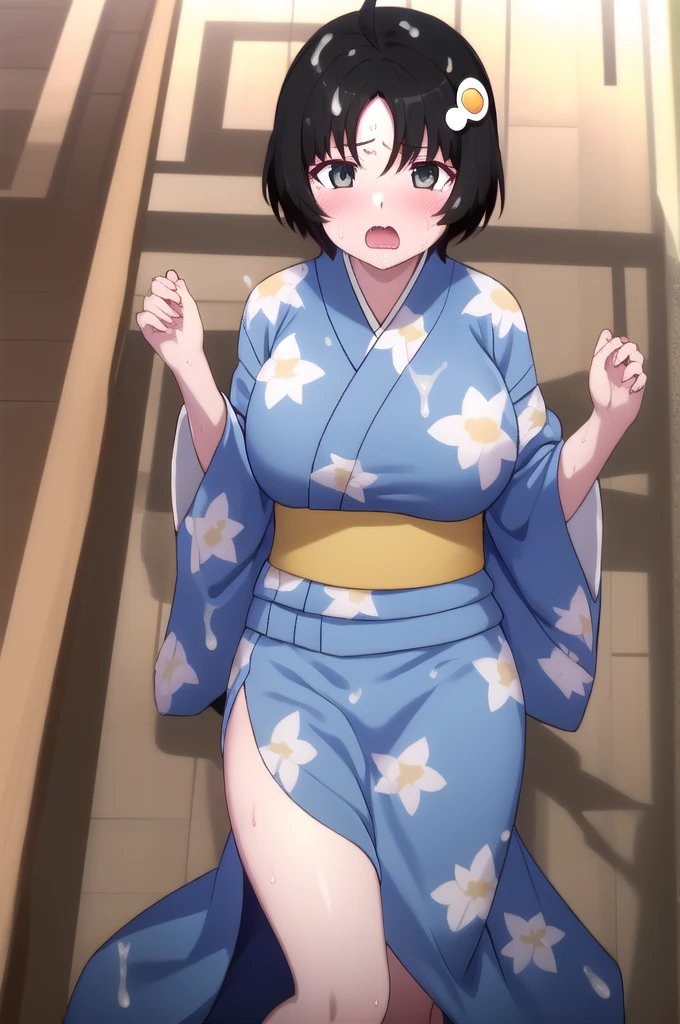 One Girl, alone, Watching,
araragitsukihi, hair ornaments,short hair, Ahoge, Open the box,Large, fluffy kimono,Full view of breasts,Blue kimono, egg hair ornaments, Parted bangs,,Pussy in full view,Sweat,Open the slit,anger,blush, Open your mouth,((Covered in semen))
