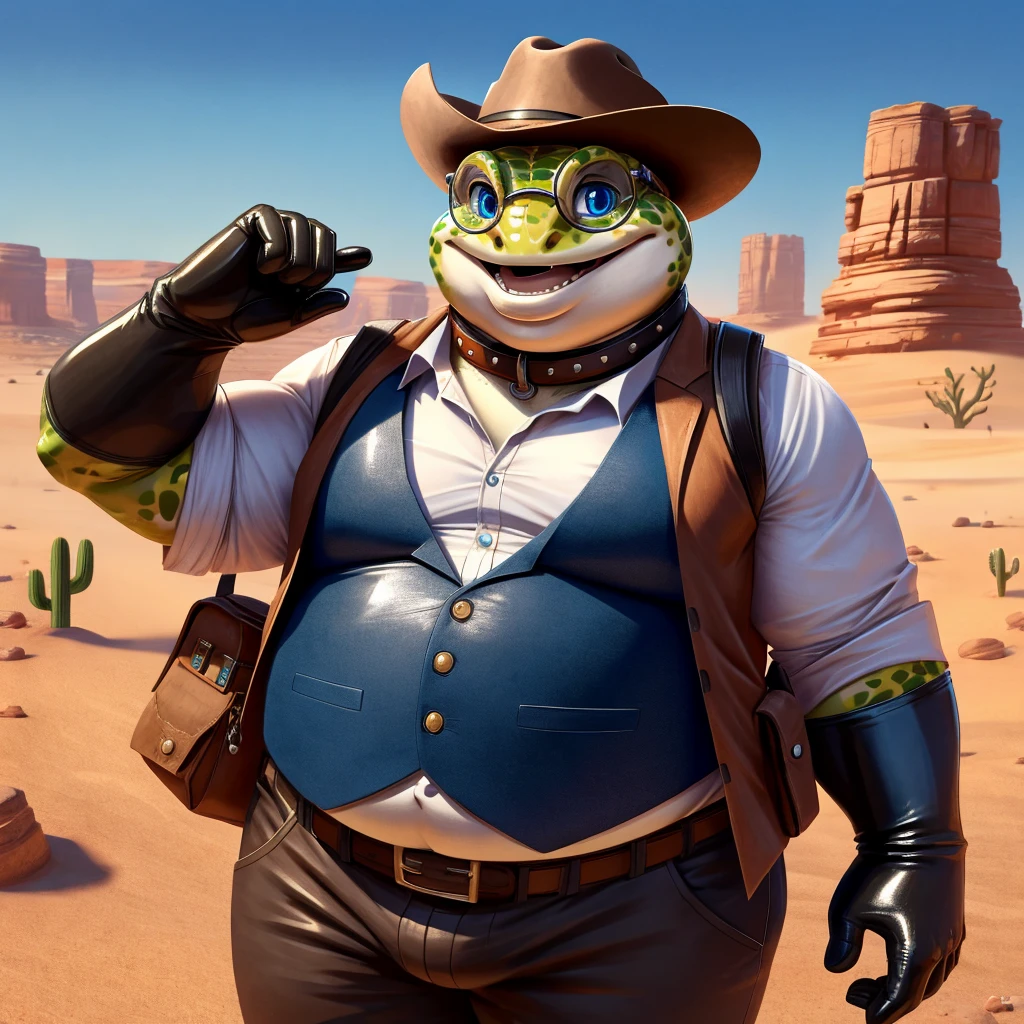 Male, fat, extremely obese, Gecko, blue eyes, (posing:1.3), (soft shading), 4k, hi res, ((detailed face, detailed)), looking at viewer, smile, open mouth, desert, cactus, shirt, hat, male focus, cowboy shot, glasses, pants, bag, vest, backpack, sleeves rolled up, round eyewear, brown headwear, brown vest, whiskers, Gecko is wearing a glossy leather dog collar around the neck, Gecko is wearing the leather collar and shirt and vest at the same time, Gecko is wearing glossy black rubber gloves on the hands, gloves are rubber in texture.