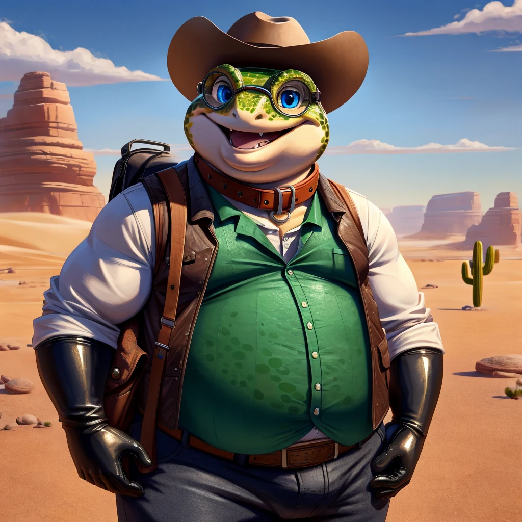 Male, fat, extremely obese, Gecko, blue eyes, (posing:1.3), (soft shading), 4k, hi res, ((detailed face, detailed)), looking at viewer, smile, open mouth, desert, cactus, shirt, hat, male focus, cowboy shot, glasses, pants, bag, vest, backpack, sleeves rolled up, round eyewear, brown headwear, brown vest, whiskers, Gecko is wearing a glossy leather dog collar around the neck, Gecko is wearing the leather collar and shirt and vest at the same time, Gecko is wearing glossy black rubber gloves on the hands, gloves are rubber in texture.