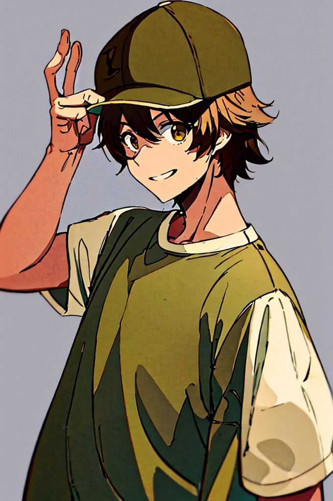 An anime girl wearing khaki brown cargo joggers, a white t-shirt, with a hat, and that he is smiling and raising his hand greeting me, con a white t-shirt con marrón