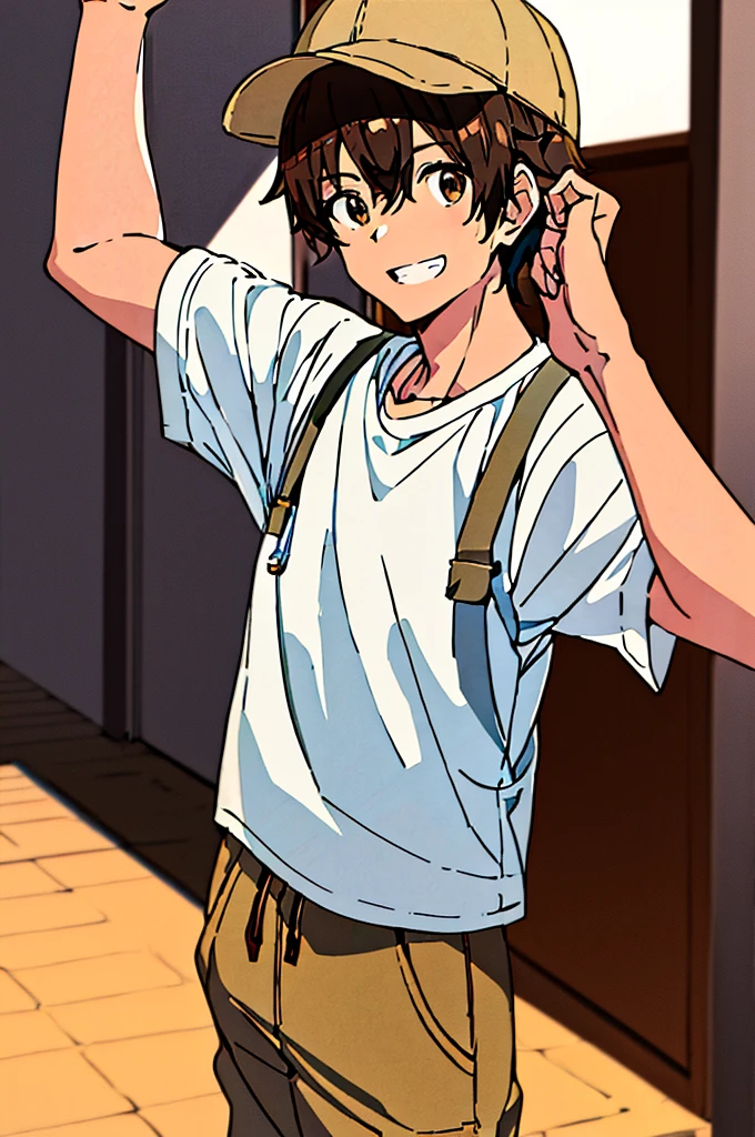 An anime girl wearing khaki brown cargo joggers, a white t-shirt, with a hat, and that he is smiling and raising his hand greeting me, con a white t-shirt con marrón