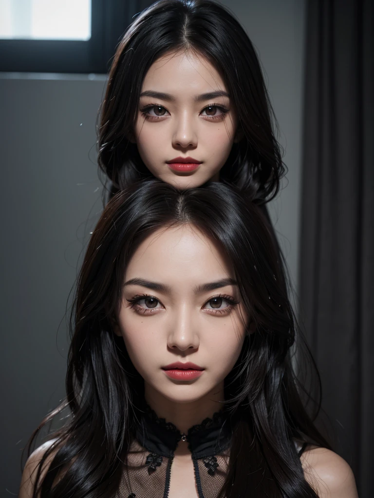 A very beautiful woman with dark eyes, an evil-looking face and a mischievous expression,