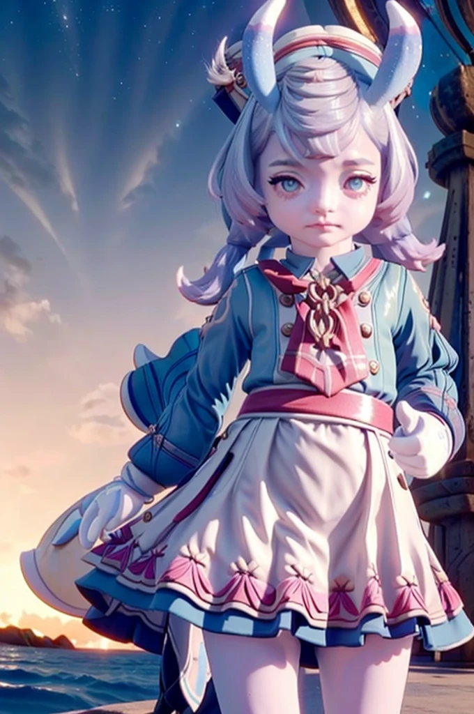 A young small girl in realistic portrait of high quality and detail, Sigewinne (Genshin Impact), Sigewinne is a Melusine, sharing a similar body type to the rest of her sisters, although she has a uniquely human-like complexion and set of hands. Her pink eye color, tall blue ears with frosted tips and curled tail are much more reminiscent of a typical Melusine seen around Fontaine. Her hair color is pastel blue fading to a purple with white highlights. glow, eye shadow, 1girl, fantasy, Depth & Perspective, happy face, She stands in the middle of the sand beach, ocean on the background, Mystical powers, fine face, outdoors, blue sky, white cloud, looking at viewer, (ultra-high detail:1.2), Masterpiece, Best Quality, Ultra-detailed, Cinematic lighting, 8K, delicate features, cinematic, 35 mm lens, f/1.9, highlight lighting, global lighting –uplight –v 4,  Cinematic lighting, 8K, high quality, Highest Quality, (Solo Focus), (extremly intricate:1.3), (Realistic), masterful, Analog style, (Film grain:1.5), (warm hue, cold tone)