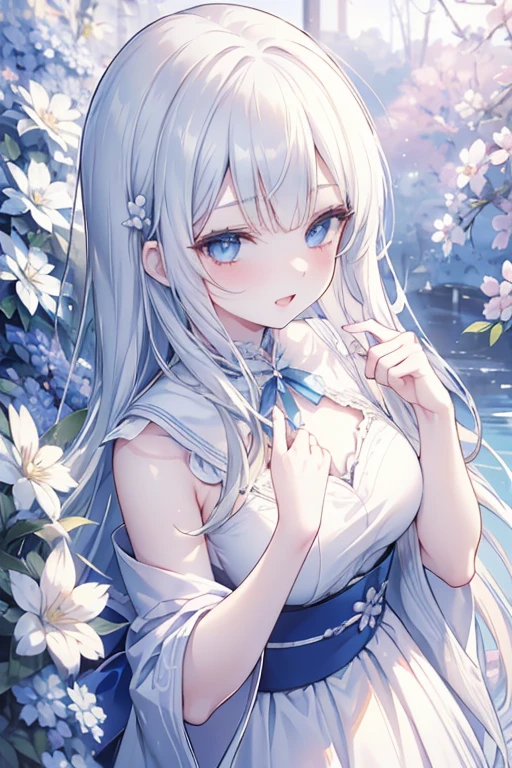 masutepiece, Highest Quality, (Perfect face:1.1), (high detailing:1.1), (ultradetailed eyes), Dramatic, superfine illustration, Extremely detailed, 1girl in, (pale skin), long white hair, Ethereal eyes, Blue eyes,tareme, (light eyebrow),blush,Solo,Smile, Happy, Laugh, Enjoy, Open mouth, Pouty lips,Cinematic lighting, Looking Up,learning forward,From above, Cowboy Shot,Blue Kimono,plein air,simple white backgraund,Blue flower garden,morning,sunny
