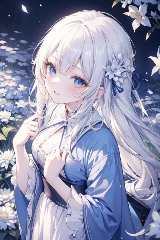 masutepiece, Highest Quality, (Perfect face:1.1), (high detailing:1.1), (ultradetailed eyes), Dramatic, superfine illustration, Extremely detailed, 1girl in, (pale skin), long white hair, Ethereal eyes, Blue eyes,tareme, (light eyebrow),blush,Solo,Smile, Happy, Laugh, Enjoy, Open mouth, Pouty lips,Cinematic lighting, Looking Up,learning forward,From above, Cowboy Shot,Blue Kimono,plein air,simple white backgraund,Blue flower garden,morning,sunny