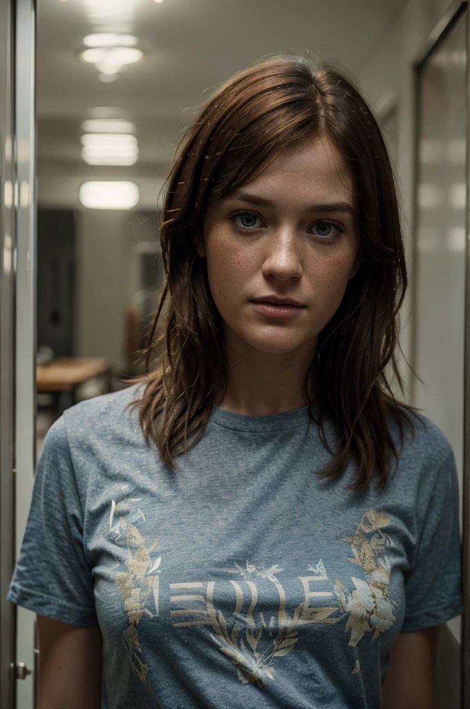 ((best quality)), ((masterpiece)), (detailed), perfect face, exteriors, City, 31 year old woman, similar a ellie de the Last of us 2 y a mackenzie Davis, perfect face, foreground, short chin length hair, moist and loose light reddish brown color, reddish freckles, light blue eyes, dark blue wool t-shirt with print, intense lighting, high level of detail