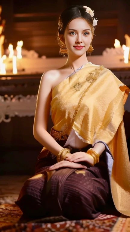 Aarav woman in a golden dress stands in front of a building., Sukhothai dress, Dilraba Dilmurat, traditional beauty, Wear elegant clothes, traditional this tradition, Wear luxurious clothes, this tradition, Traditional clothing, Thai girl anime, traditional outfit, According to Thawan Duchanee's style, Wear a luxurious silk dress, Thai art, Traditional clothing สาวเอเชียที่สวยงาม,stereoscopic 8k,45 high quality colored lights,000,000,000 pixels, photo, post-trade photo, animation, Beautiful, realistic portraits.
