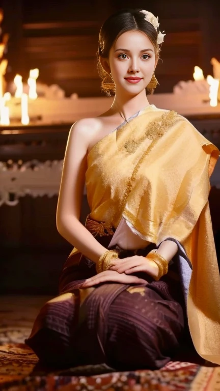 Aarav woman in a golden dress stands in front of a building., Sukhothai dress, Dilraba Dilmurat, traditional beauty, Wear elegant clothes, traditional this tradition, Wear luxurious clothes, this tradition, Traditional clothing, Thai girl anime, traditional outfit, According to Thawan Duchanee&#39;s style, Wear a luxurious silk dress, Thai art, Traditional clothing สาวเอเชียที่สวยงาม,stereoscopic 8k,45 high quality colored lights,000,000,000 pixels, photo, post-trade photo, animation, Beautiful, realistic portraits.