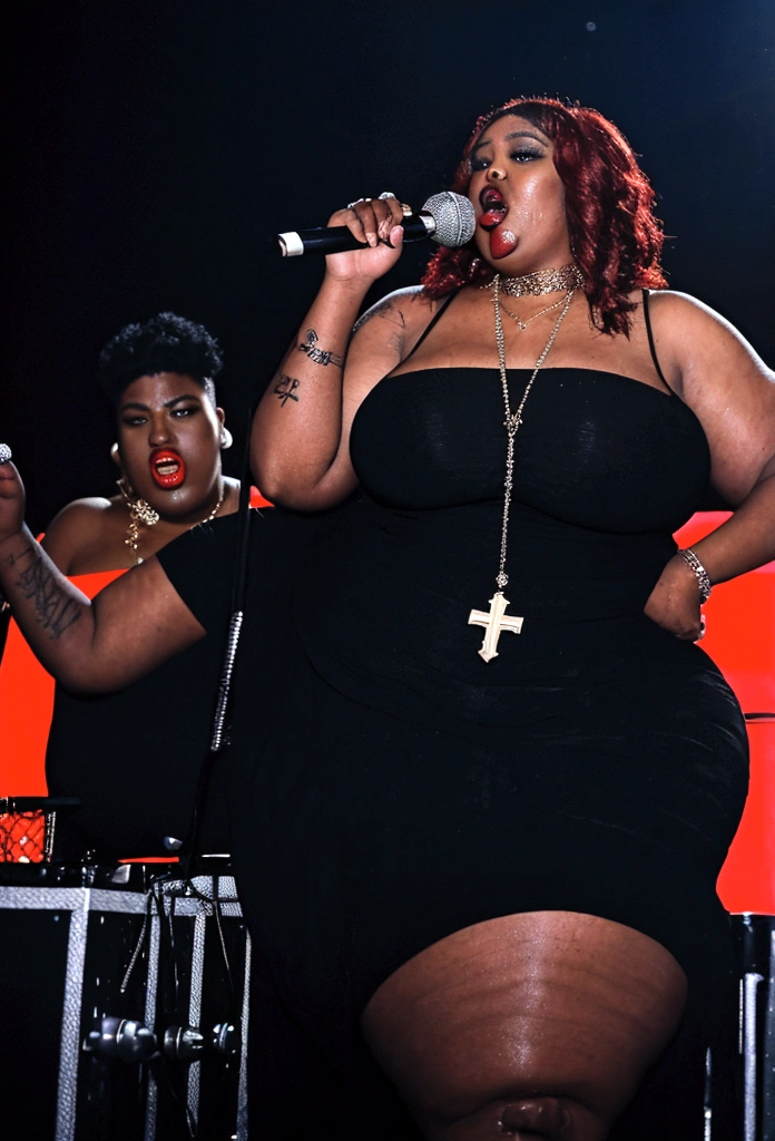 Busty 250 pound obese  ((black female rapper on stage with a man Deejay:1.4)).  She has (( unreal, oversize, large saggy tits showing massive gross cleavage:1.2)) and holding a (microphone on a stand:1.1). ((she is wearing makeup, dark red lipstick, a cross pendant)), and a ((slutty and revealing red dress:1.2)), ((her mouth is closed:1.1))