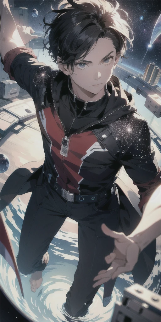ridiculous resolution, high resolution, (masterpiece:1.4), super detailed, 1boy, seen from above, space, floating, --v 6
