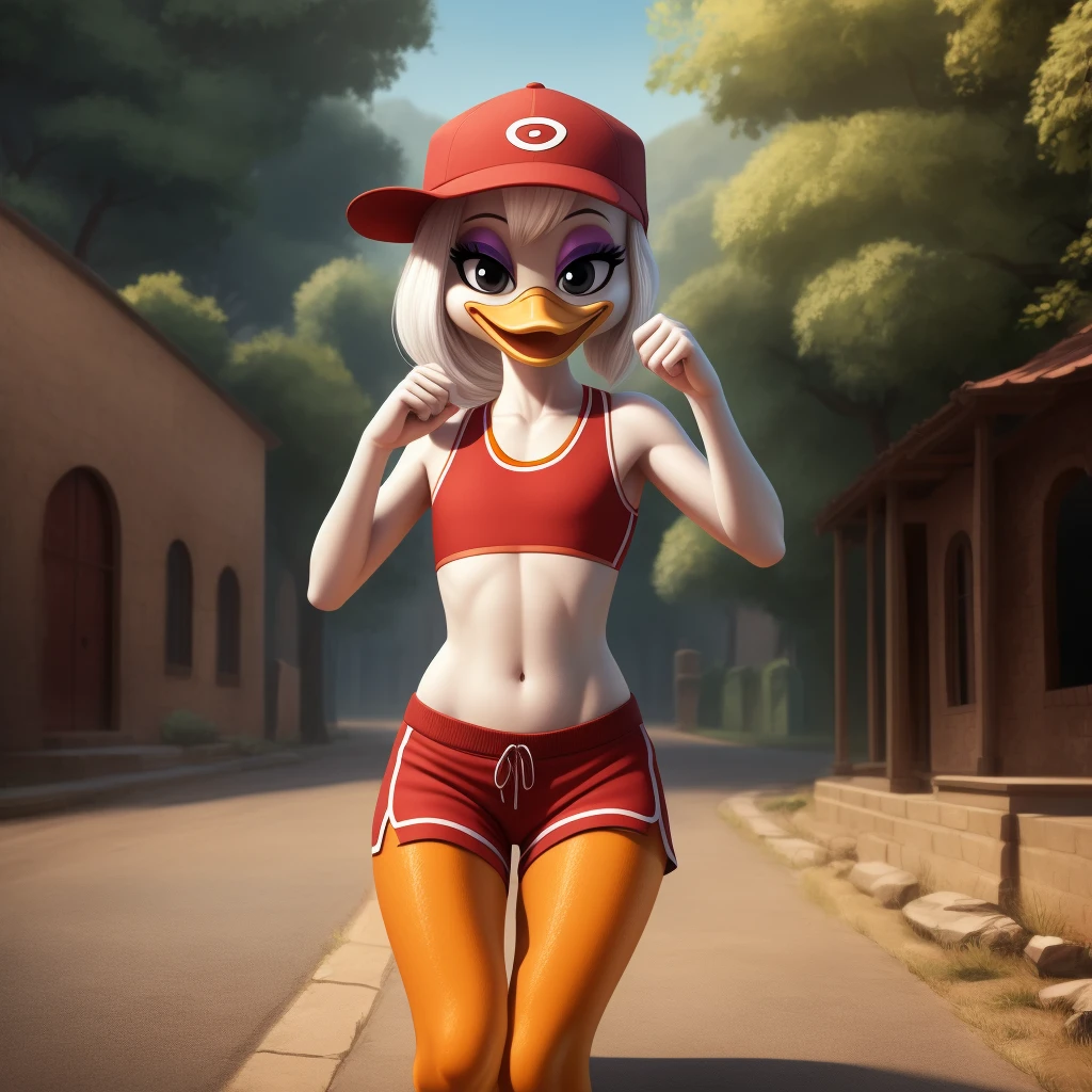 photorealism, adult female duck, Scarlett Duck, detailed background, (full body) outside, eyeshadow, cartoon duck beak, short front white hair, long white ponytail hairstyle, cartoon, (flat chested), (orange legs: 1.5), smiling, happy, ducktales 2017, mouth closed, cartoon webbed feet

wear red sports bra, red shorts, intricate, detailed, wears red cap hat

simple black eyes, detailed, intricate, skinny torso 1.3, (showing her torso)

Best quality, (detailed white skin:1.4), (looking at the viewer), 8k hd, (soft cinematic light:1.1) ,