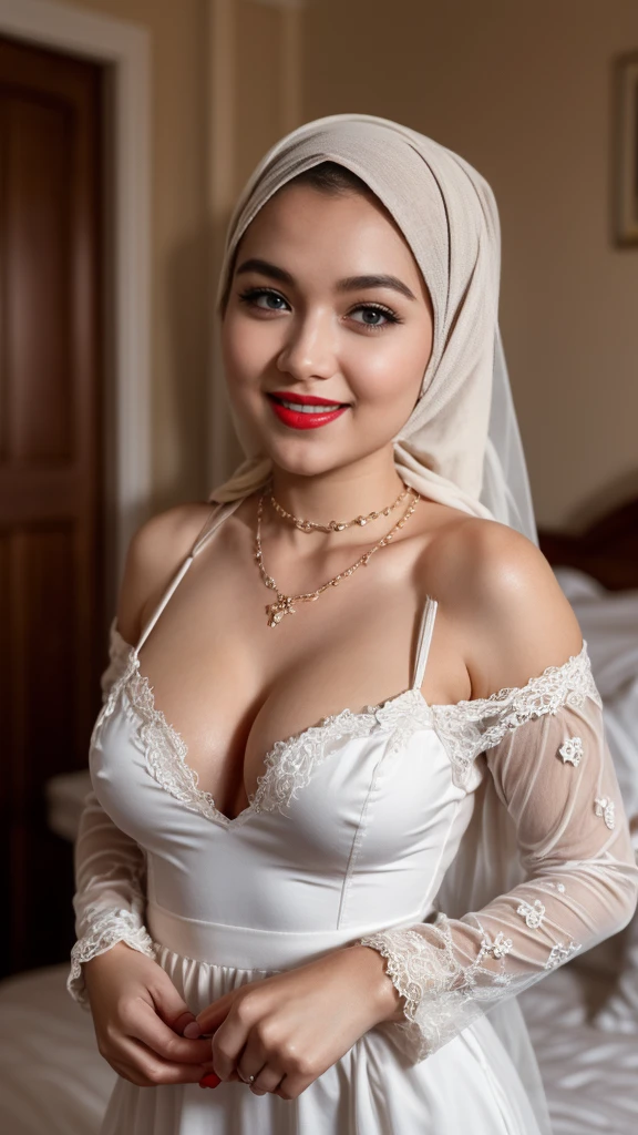 Beautiful, cute , 17 Years lolita Girl, blue eyes, (wearing hijab) and sexy long sleeves royal lace gown, Rounded small Breast, cleavage cutout, slightly Chubby (chubby girl), luxury necklace, red lipstick, dark red lipstick, sensual Lipstick, White Skin, Smiling, bedroom, Dark room Background, mid shot, upper body, Perfect Potrait, Bokeh Effect, Look at Viewer, Armpit, Perfect Eye, Perfect Hand, Perfect Finger, Bracelet, Ring, small breast, ((adorable:1.2)), ((masterpiece:1.1)), ((bokeh:1.2)),