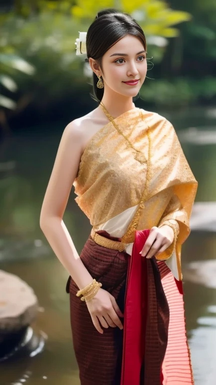 Aarav woman in a golden dress stands in front of a building., Sukhothai dress, Dilraba Dilmurat, traditional beauty, Wear elegant clothes, traditional this tradition, Wear luxurious clothes, this tradition, Traditional clothing, Thai girl anime, traditional outfit, According to Thawan Duchanee&#39;s style, Wear a luxurious silk dress, Thai art, Traditional clothing สาวเอเชียที่สวยงาม,stereoscopic 8k,45 high quality colored lights,000,000,000 pixels, photo, post-trade photo, animation, Beautiful, realistic portraits.