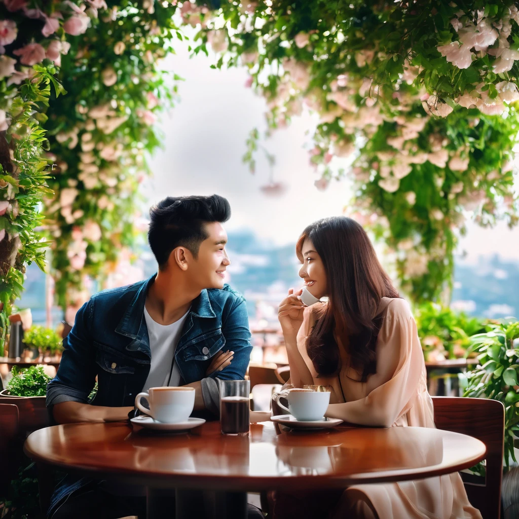 create same like photo couple sitting in caffe blossom caffe