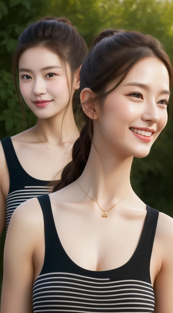 Realistic photos of cute Korean stars, Put your hair up on both sides, White skin, light makeup, Her chest size is 32 inches, smile, Wearing a black striped tank top, pants, In a rural village, Upper body portrait, Dutch Golden Age painting, Ultra-high resolution