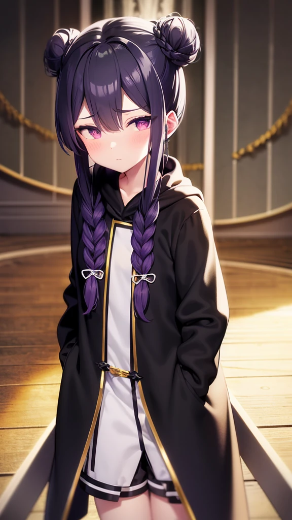 boy, thoughtful look, open forehead, black and purple hair braided into a ponytail on the left side in a bun. small curly black horns wrapped in white ribbon, pale violet eyes, short dark purple shorts. Long white t-shirt. dark purple knee socks. dark purple hooded robe, with a pattern of gold circles and a white robe on the inside. dark corridor with stairs, rays of light fall from above