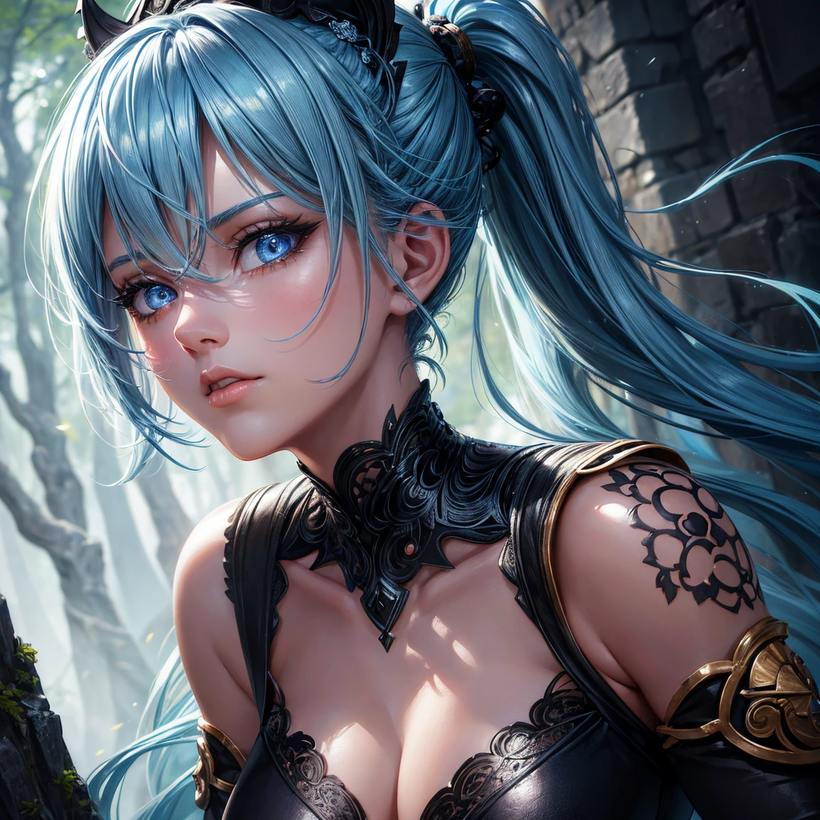 a young girl, 1girl, light blue short ponytail hair, light blue hair!!!, without breasts, blue eyes, little black tight top, little black tight shorts, full body, full body dark forest, incredibly sexy body, detailed face, beautiful detailed eyes, beautiful detailed lips, extremely detailed eyes and face, long eyelashes, intricate details, detailed clothing, intricate details,highly detailed, photo realistic, 8k, best quality, masterpiece, cinematic lighting, dramatic lighting, vibrant colors, fantasy, digital art, concept art