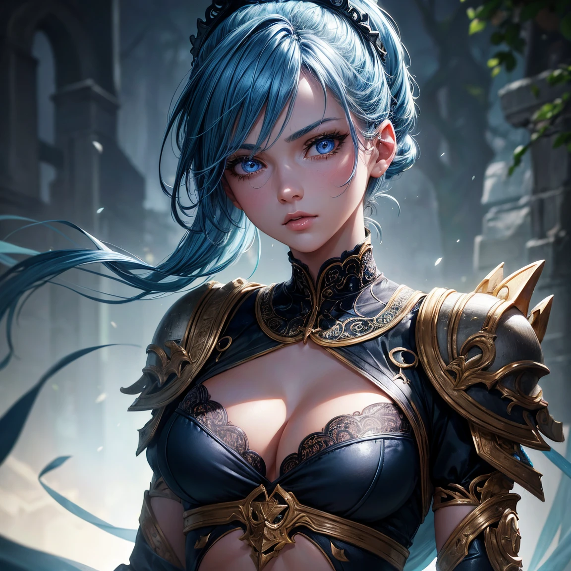 a young girl, 1girl, light blue short ponytail hair, light blue hair!!!, without breasts, blue eyes, little black tight top, little black tight shorts, full body, full body dark forest, incredibly sexy body, detailed face, beautiful detailed eyes, beautiful detailed lips, extremely detailed eyes and face, long eyelashes, intricate details, detailed clothing, intricate details,highly detailed, photo realistic, 8k, best quality, masterpiece, cinematic lighting, dramatic lighting, vibrant colors, fantasy, digital art, concept art