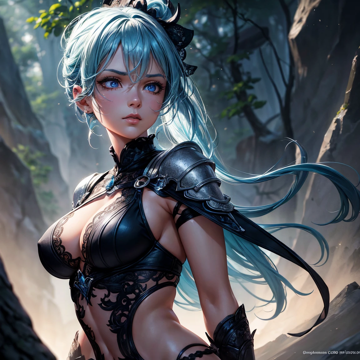 a young girl, 1girl, light blue short ponytail hair, light blue hair!!!, without breasts, blue eyes, little black tight top, little black tight shorts, full body, full body dark forest, incredibly sexy body, detailed face, beautiful detailed eyes, beautiful detailed lips, extremely detailed eyes and face, long eyelashes, intricate details, detailed clothing, intricate details,highly detailed, photo realistic, 8k, best quality, masterpiece, cinematic lighting, dramatic lighting, vibrant colors, fantasy, digital art, concept art