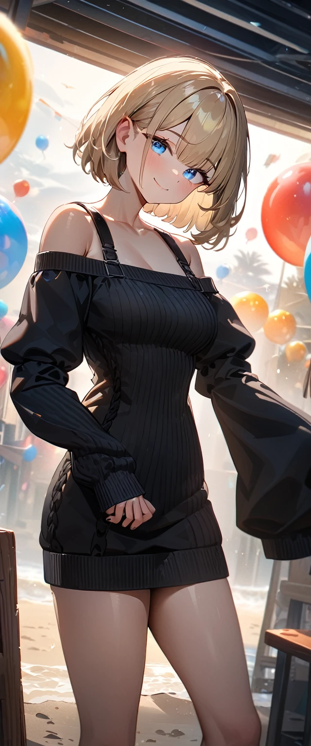 (((One girl))), ((beach)), noon, blond hair, ((sunglasses)), hand to sunglasses, ((bob cut:1.3)), breasts, from front, (cowboy shot), standard body, (looking at viewer), (((Balloon sleeve, sleeves past wrists:1.3))), ((black sweater)), ((off-shoulder knit sweater dress:1.3, Quite thick shoulder straps)), teenager, head tilt:1.3, (((blue eye))), ((happy smile)), anime style, (best quality, 4k, 8k, highres, masterpiece:1.2, ultra-detailed, ultra-detailed eyes, HDR, UHD, studio lighting, ultra-fine painting, sharp focus, physically-based rendering, extreme detail description, professional, vivid colors, bokeh), ((Highest quality, Best image quality, Ultra-high resolution, Ultra-high resolution, solo, Strong eye highlights)), Depth of written boundary, Natural soft light, attractive, Beautiful Face, Cleanliness, Pure Face, nedium chest, Beautiful Face, Perfect Fingers, Perfect hands, Perfect body, Perfect Face, Shine a light into your eyes, Perfect Anatomy