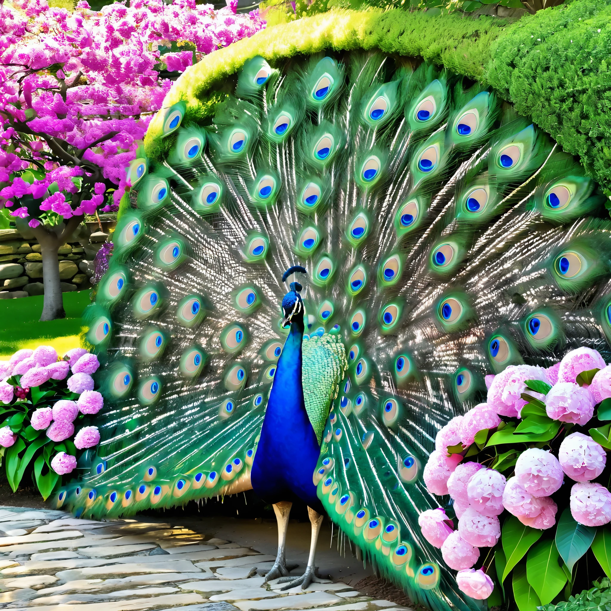 A vibrant and detailed depiction of a peacock with its feathers fully fanned out in an enchanted garden. The peacock's feathers showcase brilliant shades of blue and green with eye-catching patterns. The garden is lush with an array of colorful flowers, including pink, purple, and blue blooms, and well-manicured bushes. Towering, blossoming cherry trees with pink flowers arch over the scene, and the sunlight filters through the foliage, creating a magical, glowing ambiance. In the background, there are intricately designed stone pathways and ancient stone urns, adding a touch of historical elegance. The atmosphere is dreamy and serene, capturing the beauty of nature in full bloom.