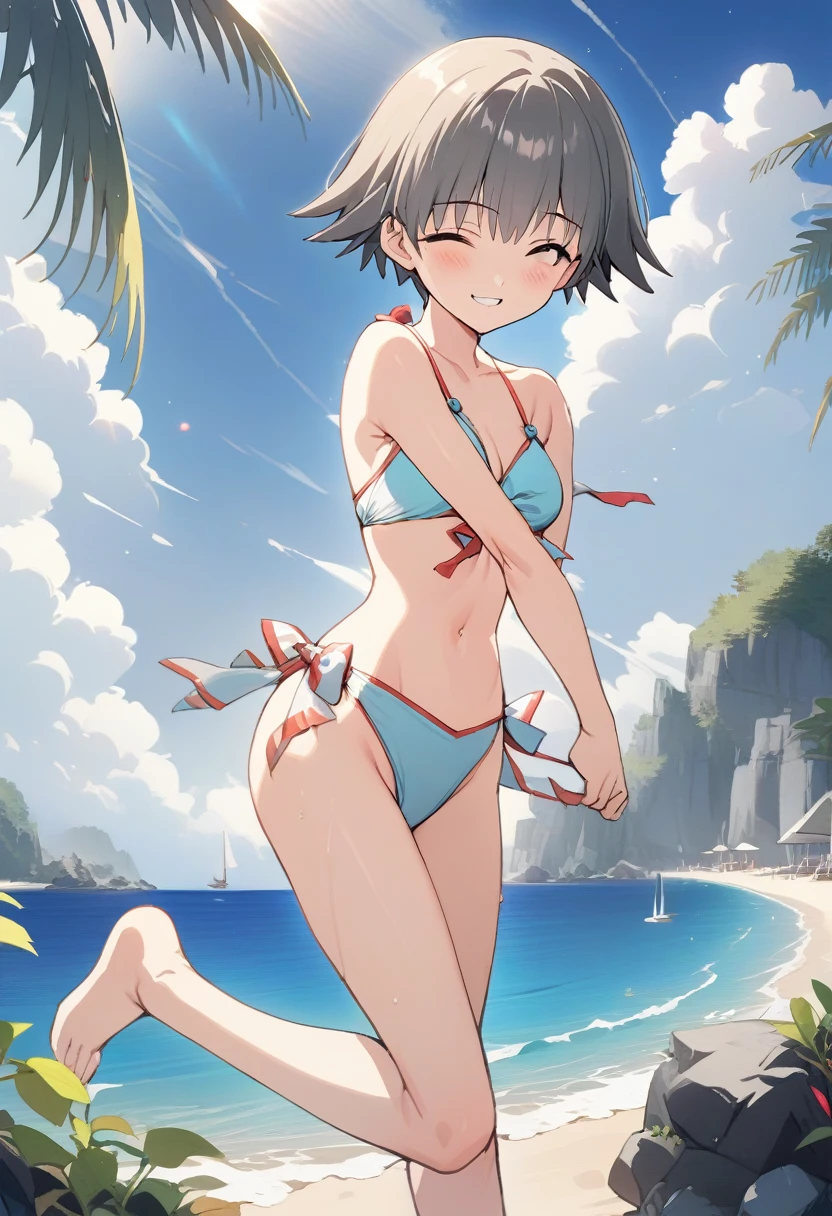 One girl,((Nozomi)),smile、Gentle expression、Welcome、Ocean、beach、slender body,ideal ratio body proportions,Cute Bikini、Sexy pose,Are standing、One leg raised、Leg spread、A complete depiction of the human body,masterpiece, Highest quality, Game CG, ultra detailed、highres、extremely detailed CG