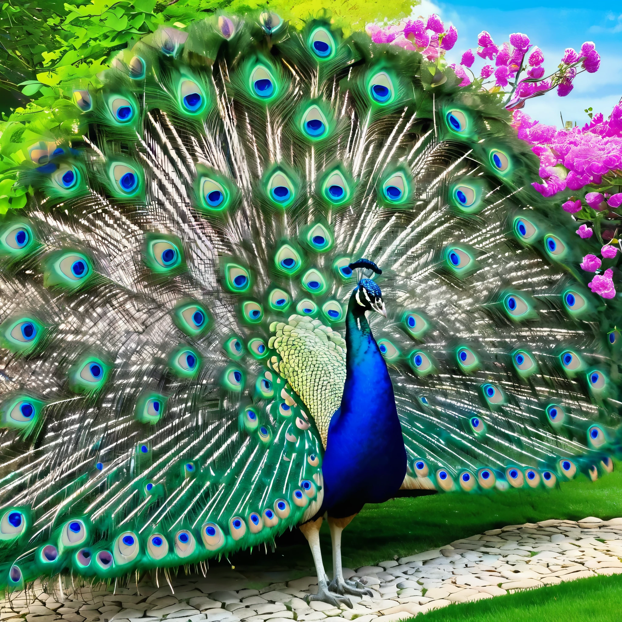 A vibrant and detailed depiction of a peacock with its feathers fully fanned out in an enchanted garden. The peacock's feathers showcase brilliant shades of blue and green with eye-catching patterns. The garden is lush with an array of colorful flowers, including pink, purple, and blue blooms, and well-manicured bushes. Towering, blossoming cherry trees with pink flowers arch over the scene, and the sunlight filters through the foliage, creating a magical, glowing ambiance. In the background, there are intricately designed stone pathways and ancient stone urns, adding a touch of historical elegance. The atmosphere is dreamy and serene, capturing the beauty of nature in full bloom.