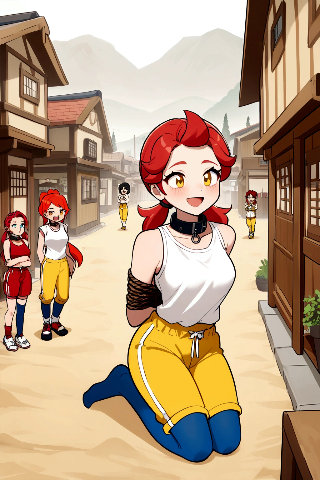 janet, janet brawl stars, red hair, red twintails hair, low twintails, happy, white t-shirt, white color sleeveless t-shirt, white color sleeveless shirt, sleeveless t-shirt, sleeveless tucked, tucked in, t-shirt connected to trackpants, white color t-shirt, white colored t-shirt, yellow colored trackpants, yellow short trackpants, yellow color short trackpants, short trackpants, yellow colored short trackpants, short yellow trackpants, sleeveless, blue thighhighs, thighhighs socks, long thighhighs socks, collar, collar on neck, slave collar, in desert, in the town, wooden town, town, japanese town, traditional town, outdoor, collar on neck, slave collar, collar, bound arm, arm behind, bondage, bdsm, tied up, rope, knell, knells, knelling, knelling on floor, knelling on the floor,