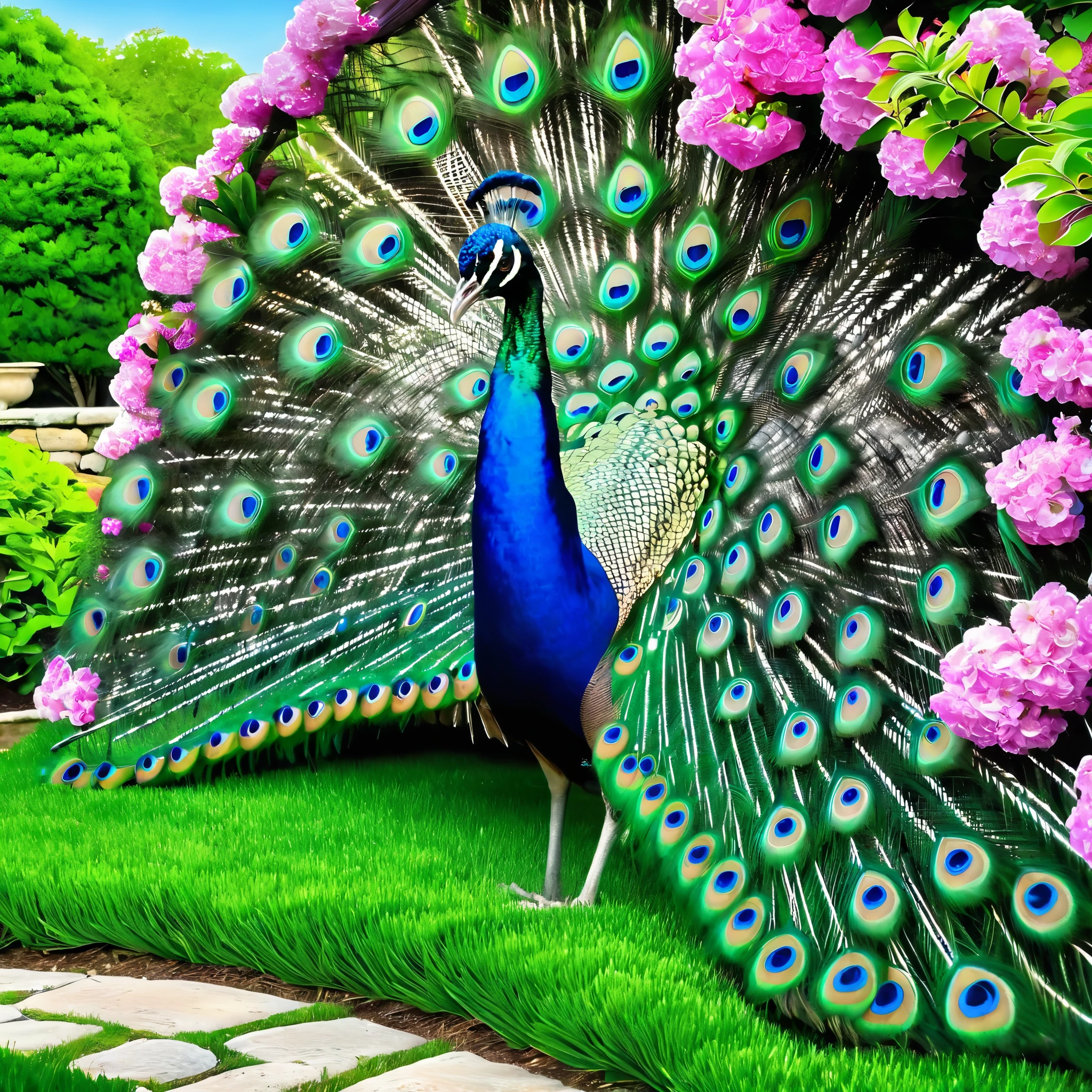 A vibrant and detailed depiction of a peacock with its feathers fully fanned out in an enchanted garden. The peacock's feathers showcase brilliant shades of blue and green with eye-catching patterns. The garden is lush with an array of colorful flowers, including pink, purple, and blue blooms, and well-manicured bushes. Towering, blossoming cherry trees with pink flowers arch over the scene, and the sunlight filters through the foliage, creating a magical, glowing ambiance. In the background, there are intricately designed stone pathways and ancient stone urns, adding a touch of historical elegance. The atmosphere is dreamy and serene, capturing the beauty of nature in full bloom.